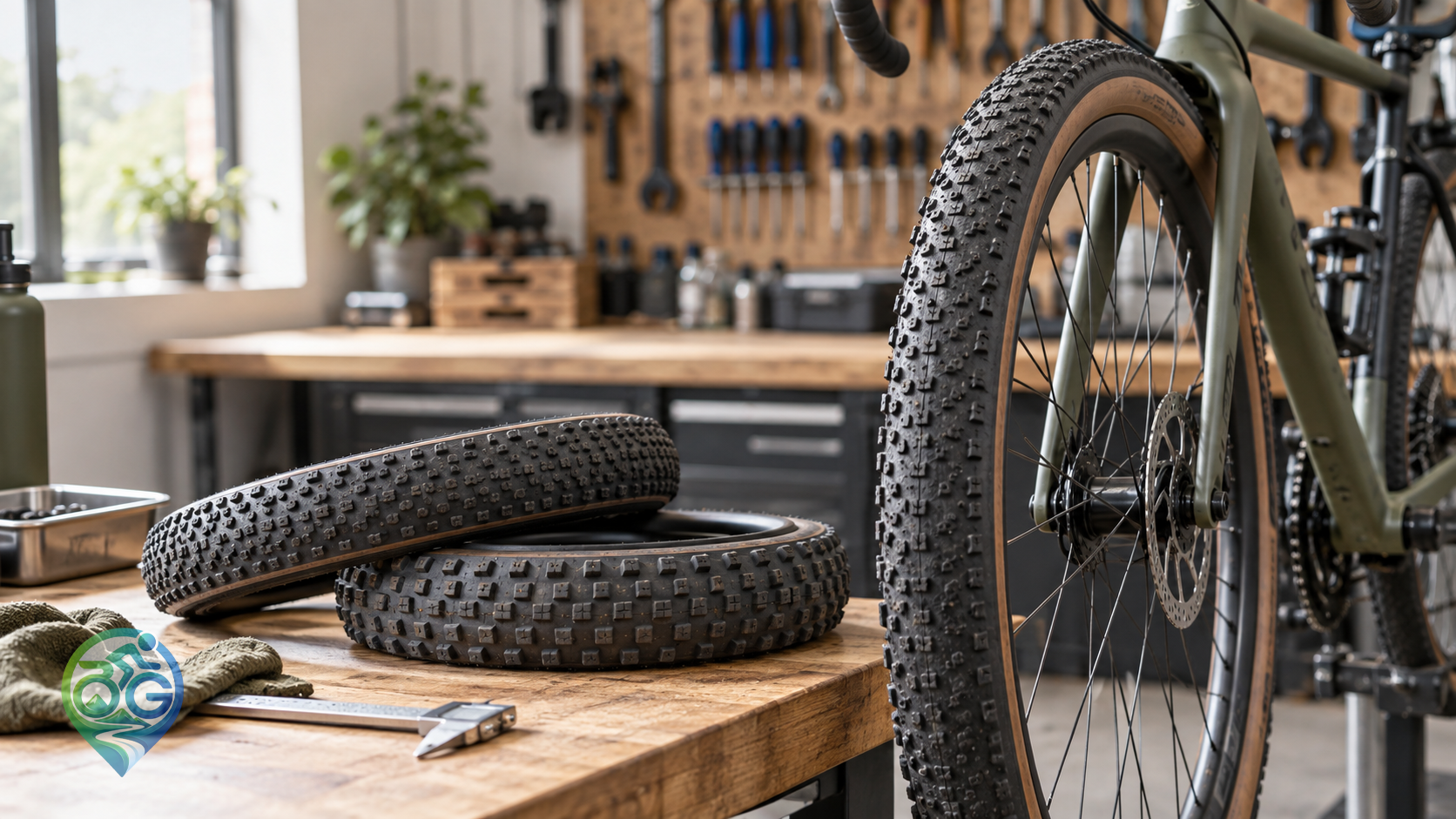 Comparing gravel bike tyres with different tread patterns in a bicycle workshop