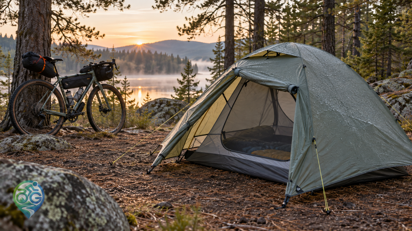 Ventilated double-wall tent with morning moisture on its flysheet beside a loaded gravel bike