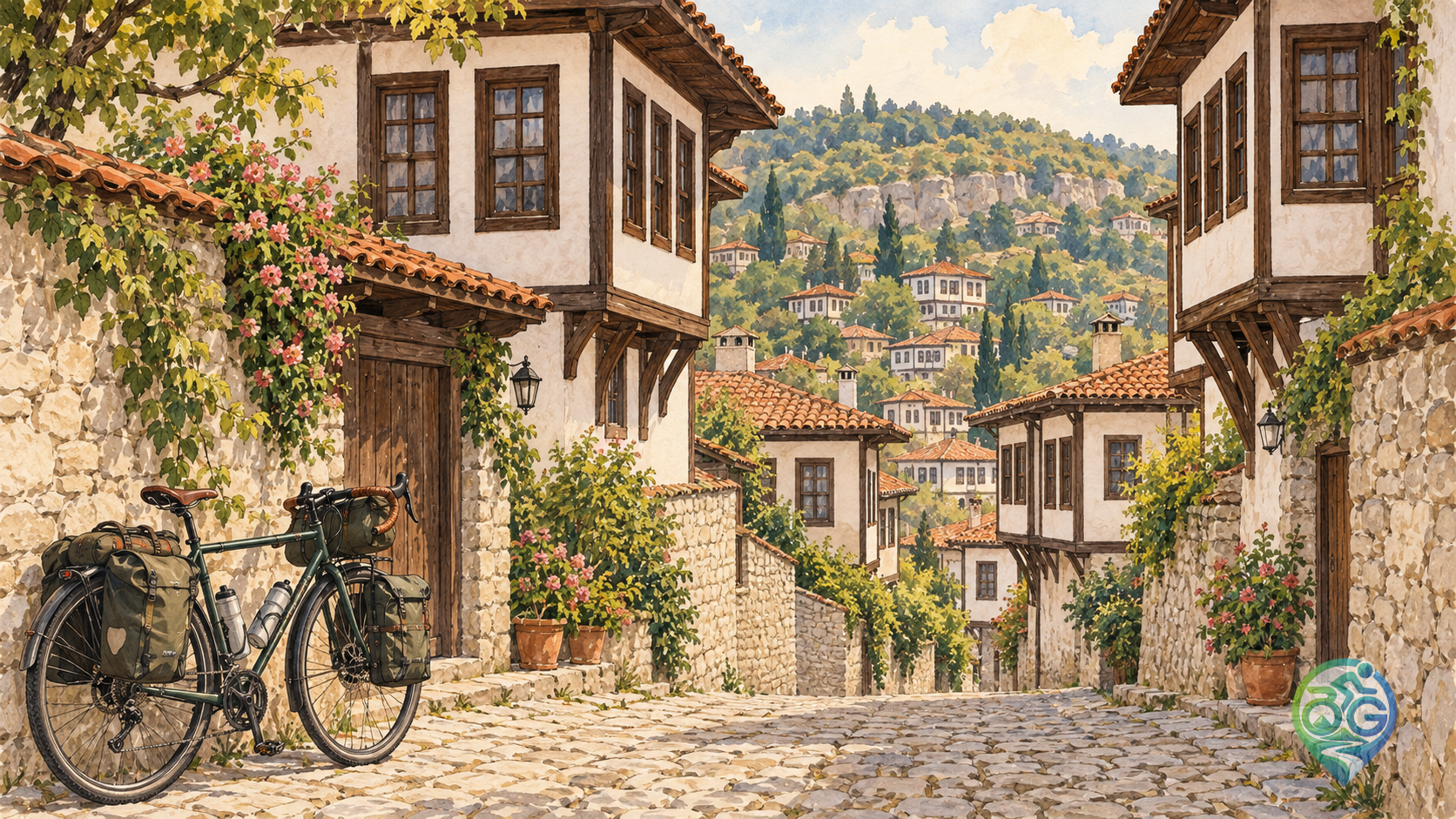 Safranbolu evlerini çağrıştıran sokakta tur bisikletini gösteren temsili illüstrasyon