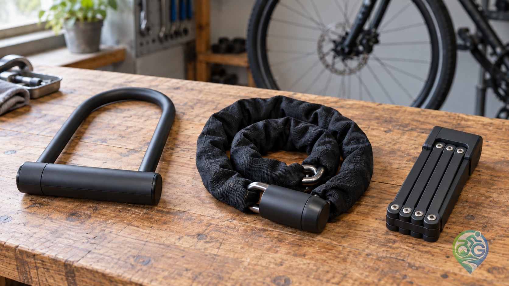 Unbranded U-lock, sleeved chain lock and folded bicycle lock on a wooden workshop bench