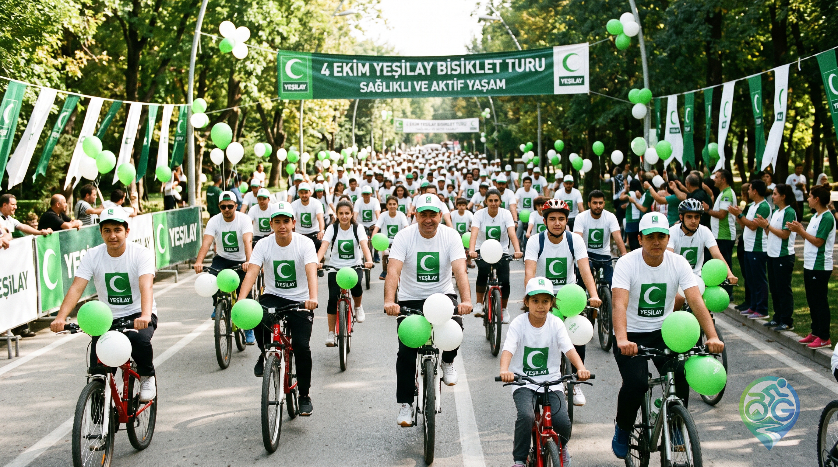 Representative illustration of helmeted cyclists gathering for a community ride in an Istanbul plaza