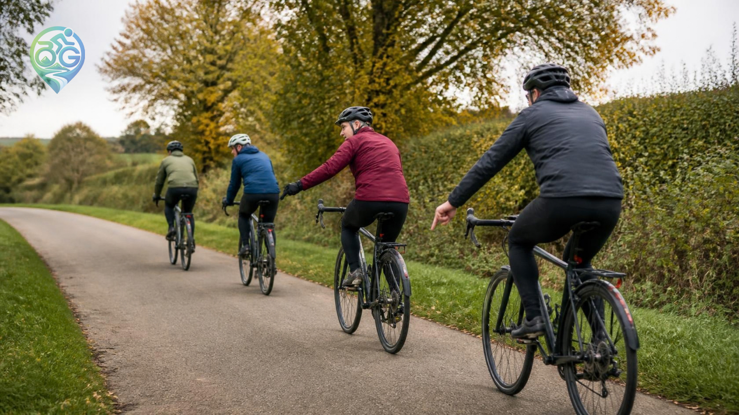 A small group of cyclists riding along a quiet country lane as the lead rider points out a road hazard