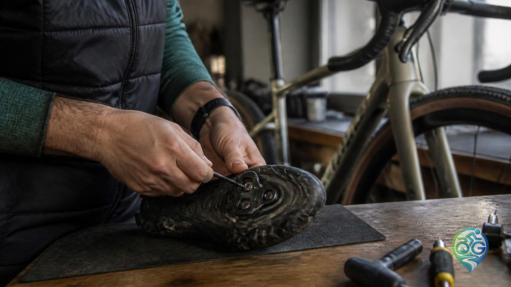 A cyclist adjusting a pedal cleat on the sole of a cycling shoe with a hex key