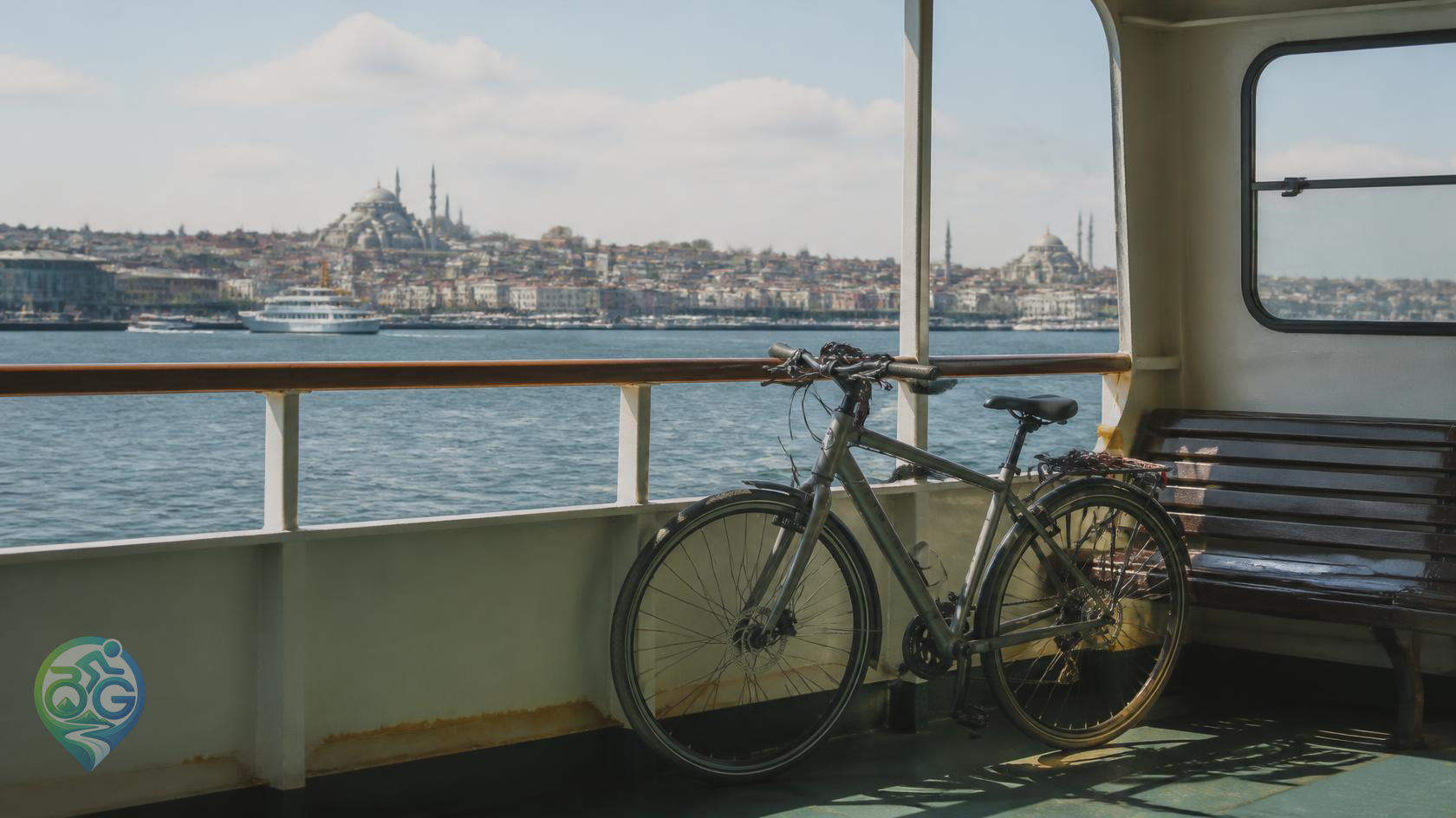 A bicycle on the passenger deck of an Istanbul ferry with the Bosphorus shoreline beyond