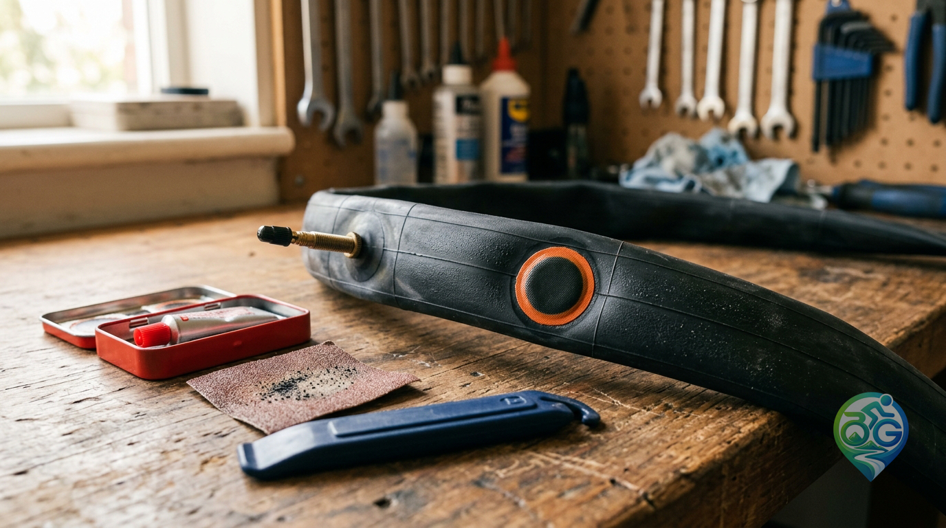 A bicycle inner tube with a round vulcanizing repair patch applied on a wooden workshop table next to patch kit and sandpaper
