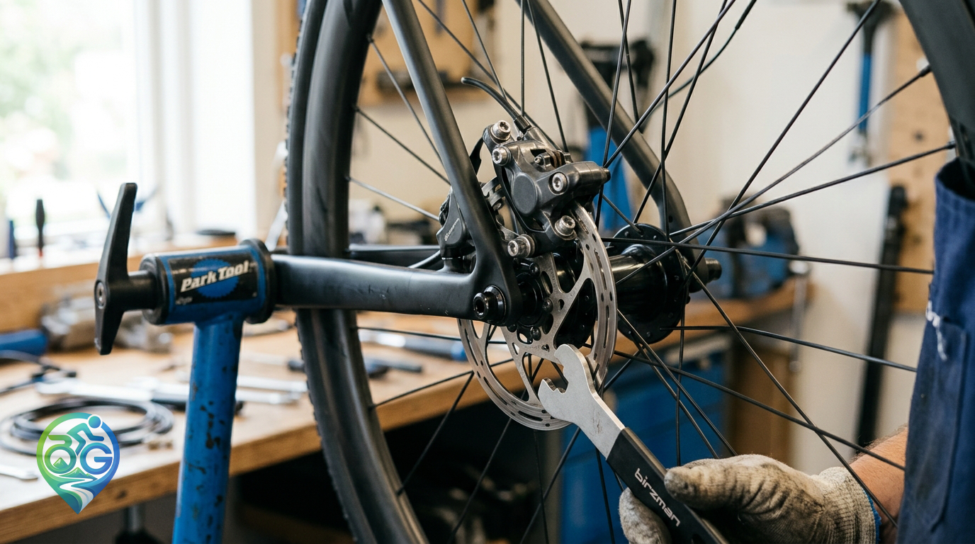 A bike mechanic using a rotor truing tool to align a stainless steel disc brake rotor on a bicycle repair stand