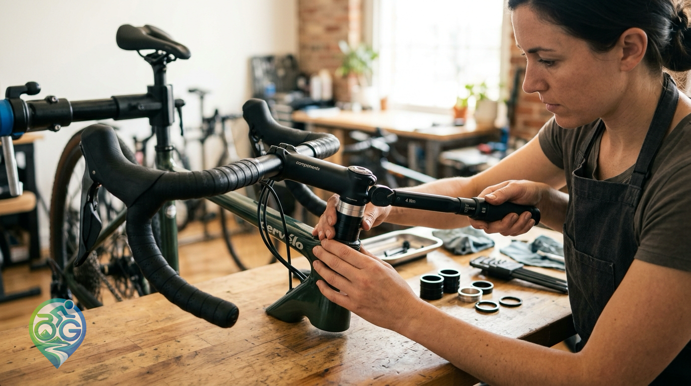 A bicycle mechanic torquing a handlebar stem onto a carbon steerer tube with a precision torque wrench on a wooden workbench
