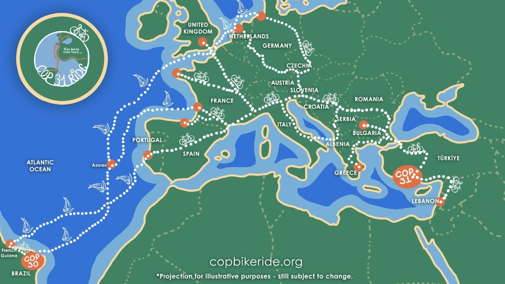 Official COP31 Bike Ride global expedition route map linking Brazil through Europe to Antalya Turkey