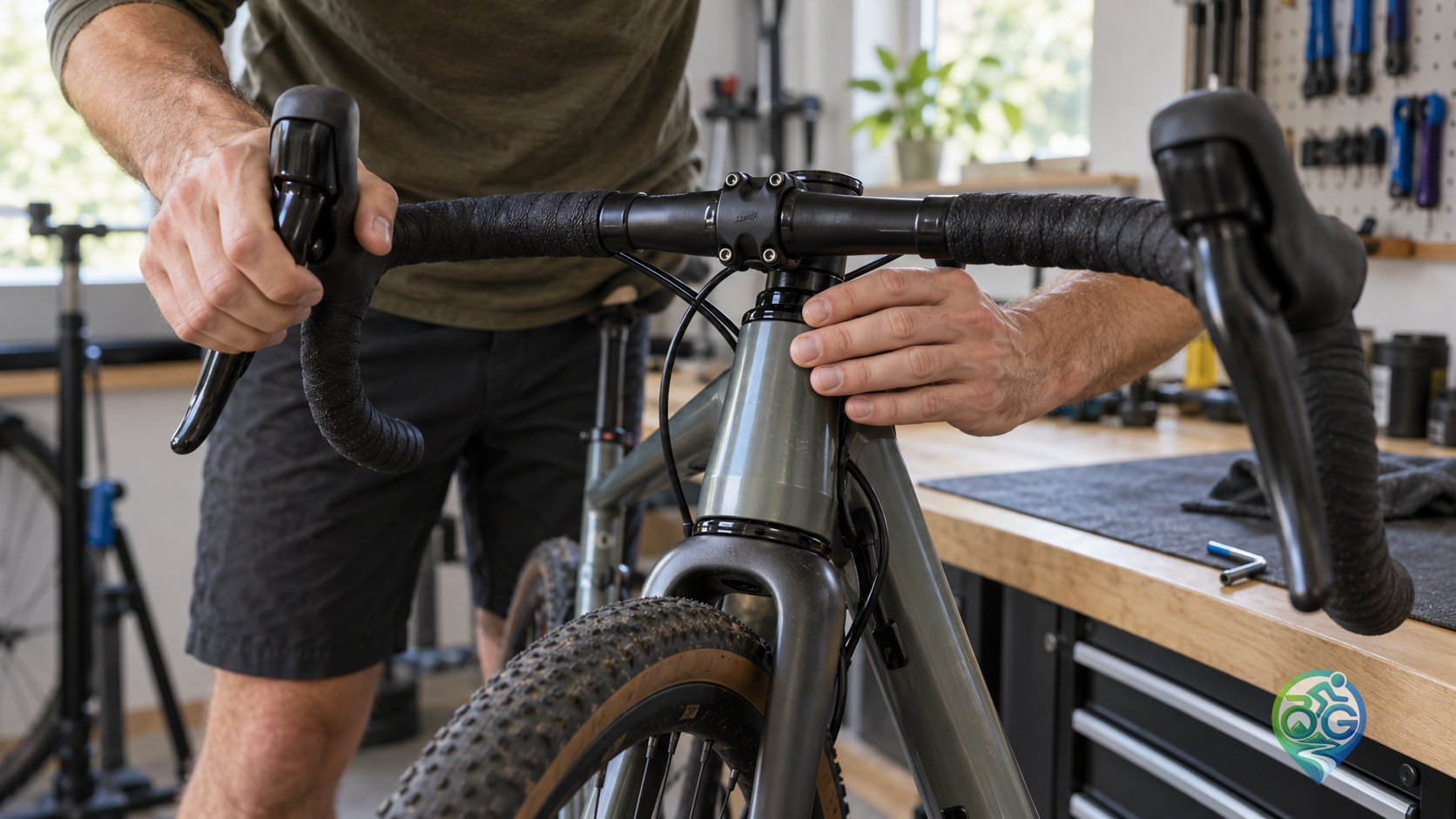 Cyclist checking for movement between the headset and frame while holding the front brake