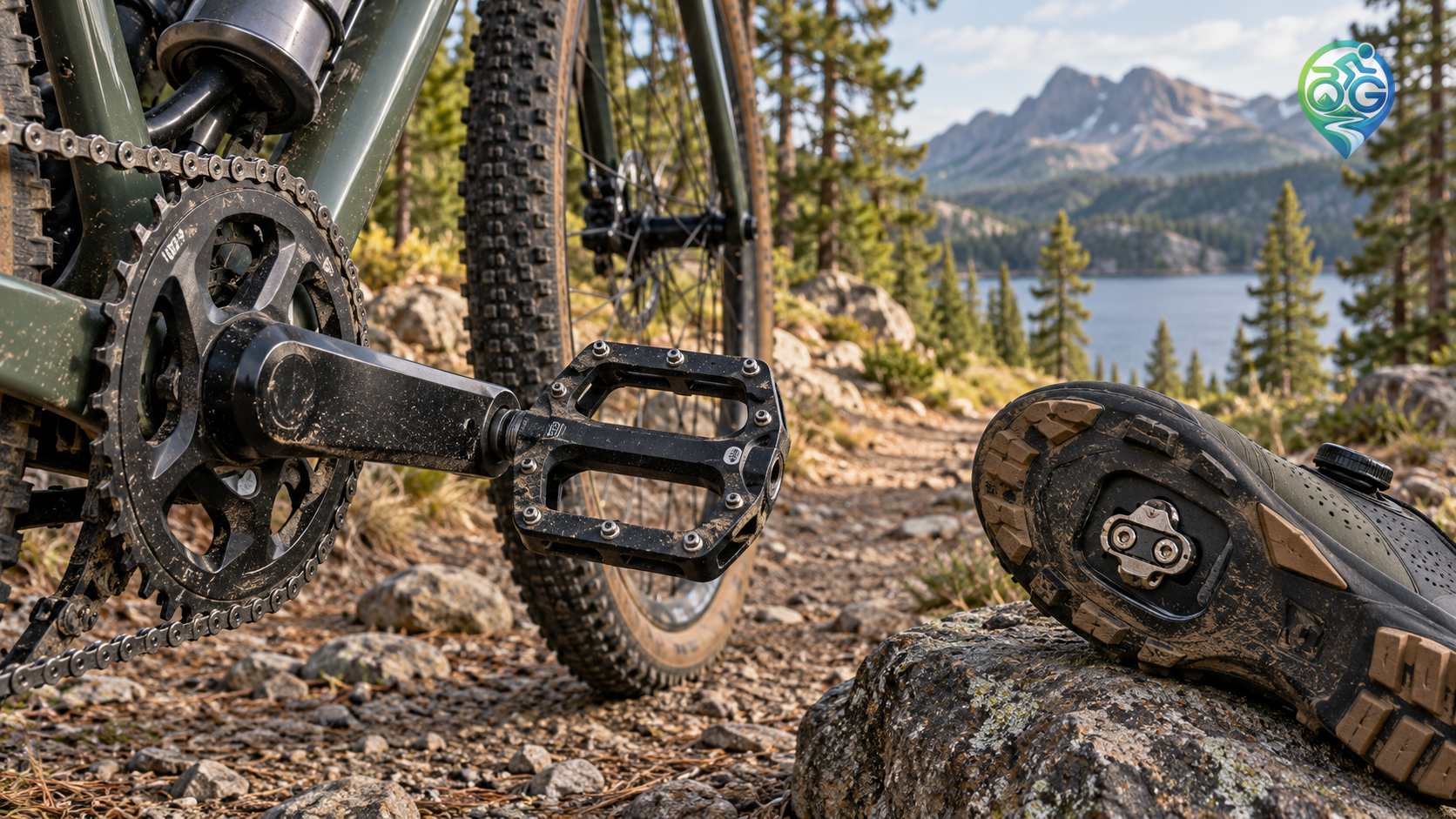 Gravel bike with a flat platform pedal and recessed-cleat cycling shoes at a woodland trailhead