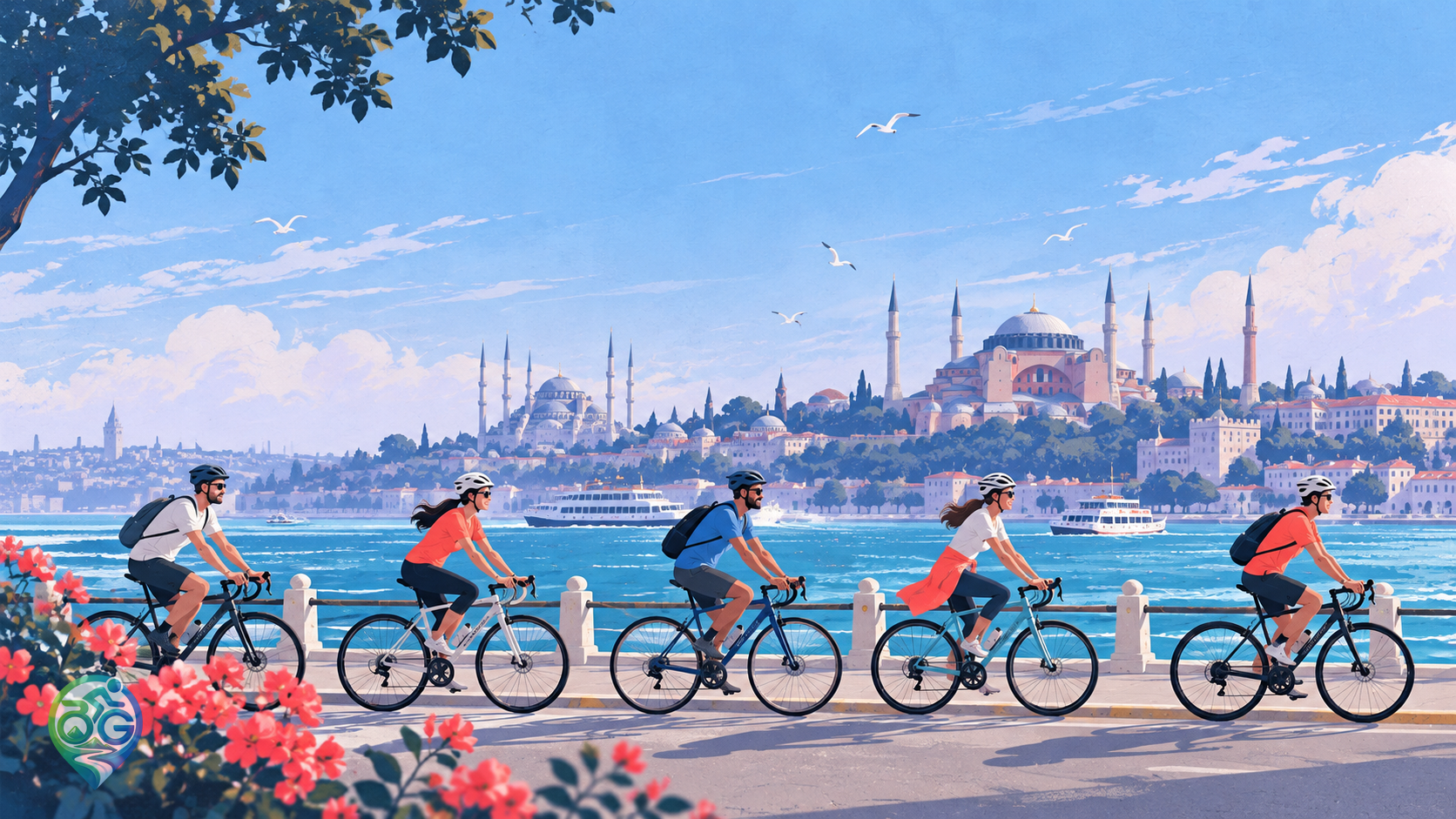 Illustration of helmeted cyclists on an Istanbul waterfront in blue, lavender and coral; a symbolic scene rather than a photograph of the event