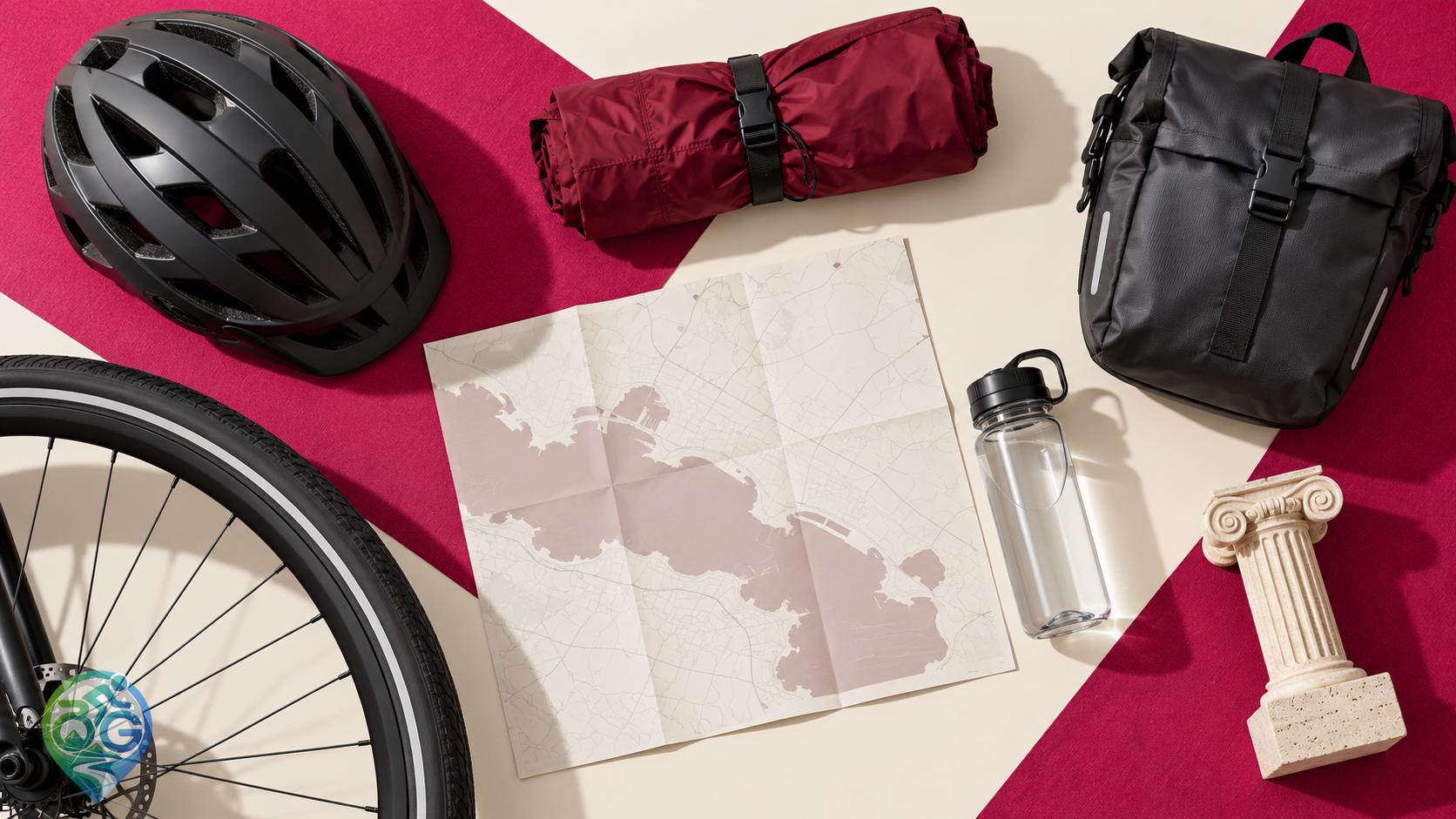 AI-generated symbolic studio still life of cycling travel equipment and a miniature classical column on ivory and raspberry surfaces; not a route map or event photograph
