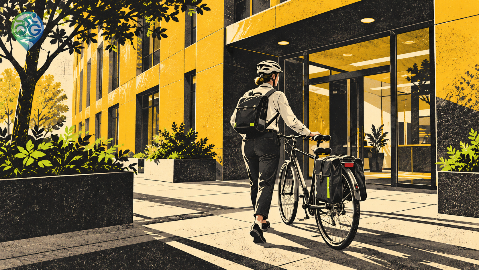 AI-generated symbolic linocut illustration in mustard yellow and charcoal of a helmeted commuter walking a bicycle towards an office entrance