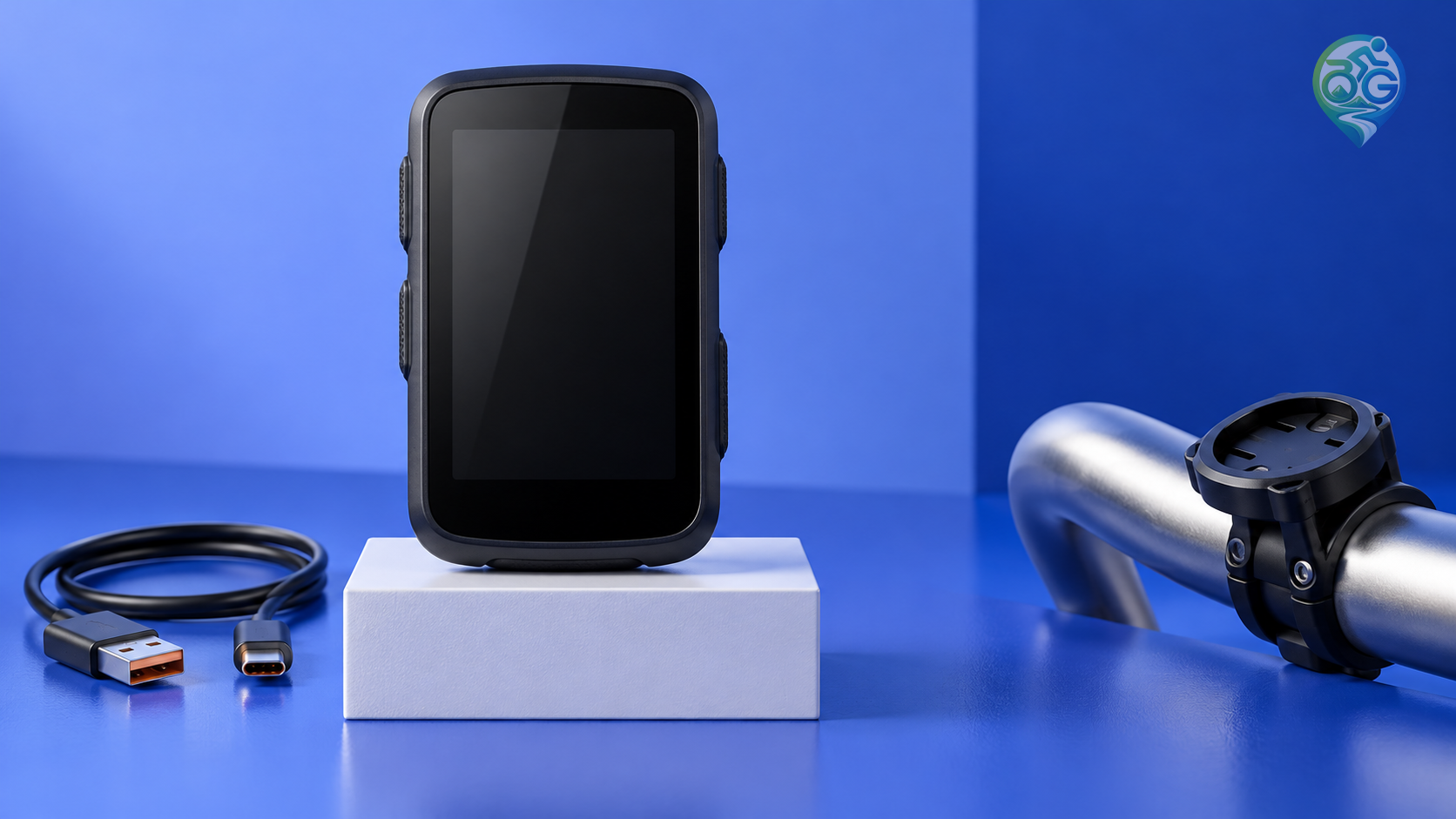 Generated technical studio artwork of a representative cycling navigator with an inactive screen, USB cable and handlebar mount on a blue surface.