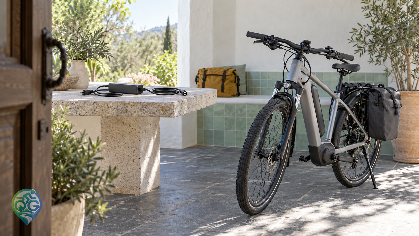 Generated representative shaded guesthouse scene with a touring e-bike and fully unplugged charger on a table; not a verified charging venue.
