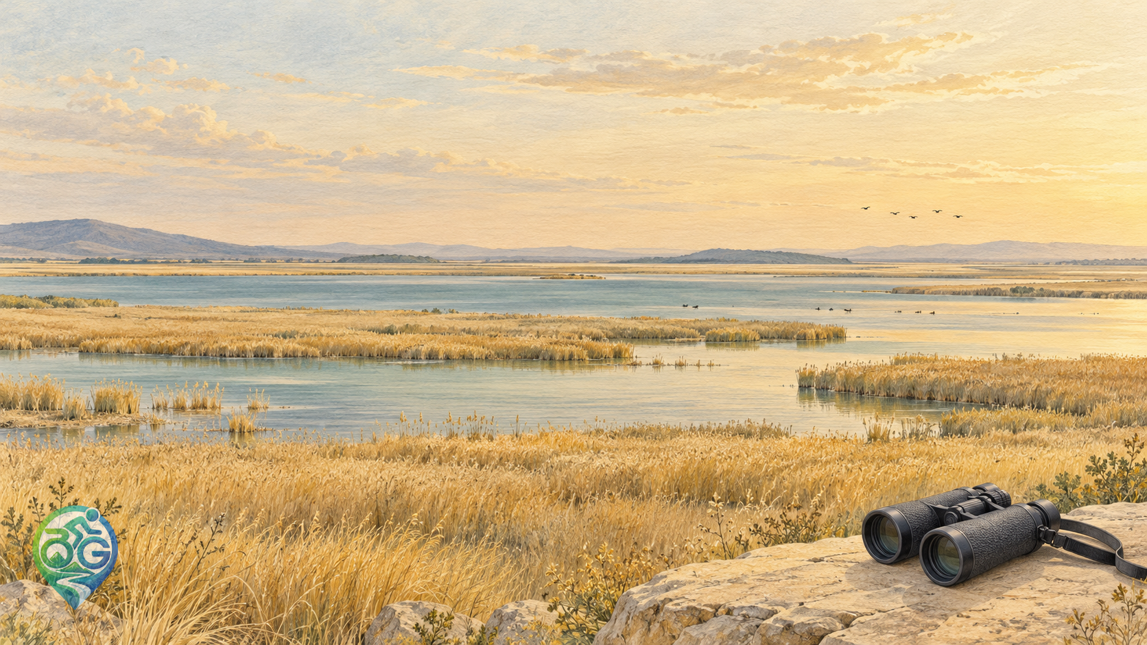 Generated representative wetland illustration with gold reedbeds, distant bird silhouettes and binoculars; not a documented Manyas viewpoint.