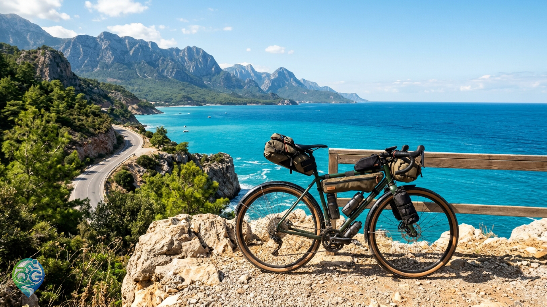 Antalya Akdeniz sahilinde masmavi deniz ve Toros Dağları manzarası önünde duran yüklü gravel bikepacking bisikletinin temsili görseli.