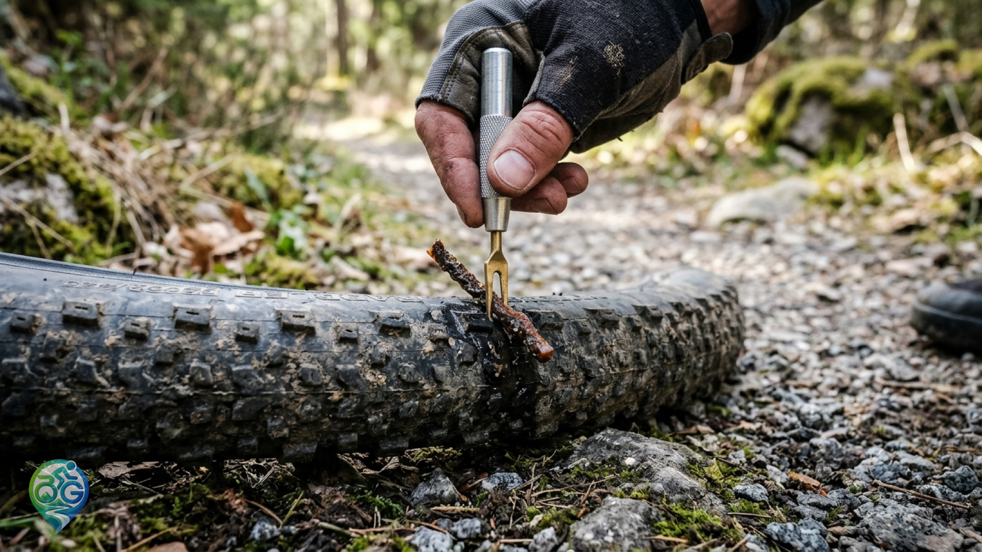 Arazide patlayan tubeless bisiklet dış lastiğine çatal uçlu aletle fitil takan bisikletçinin temsili görseli.