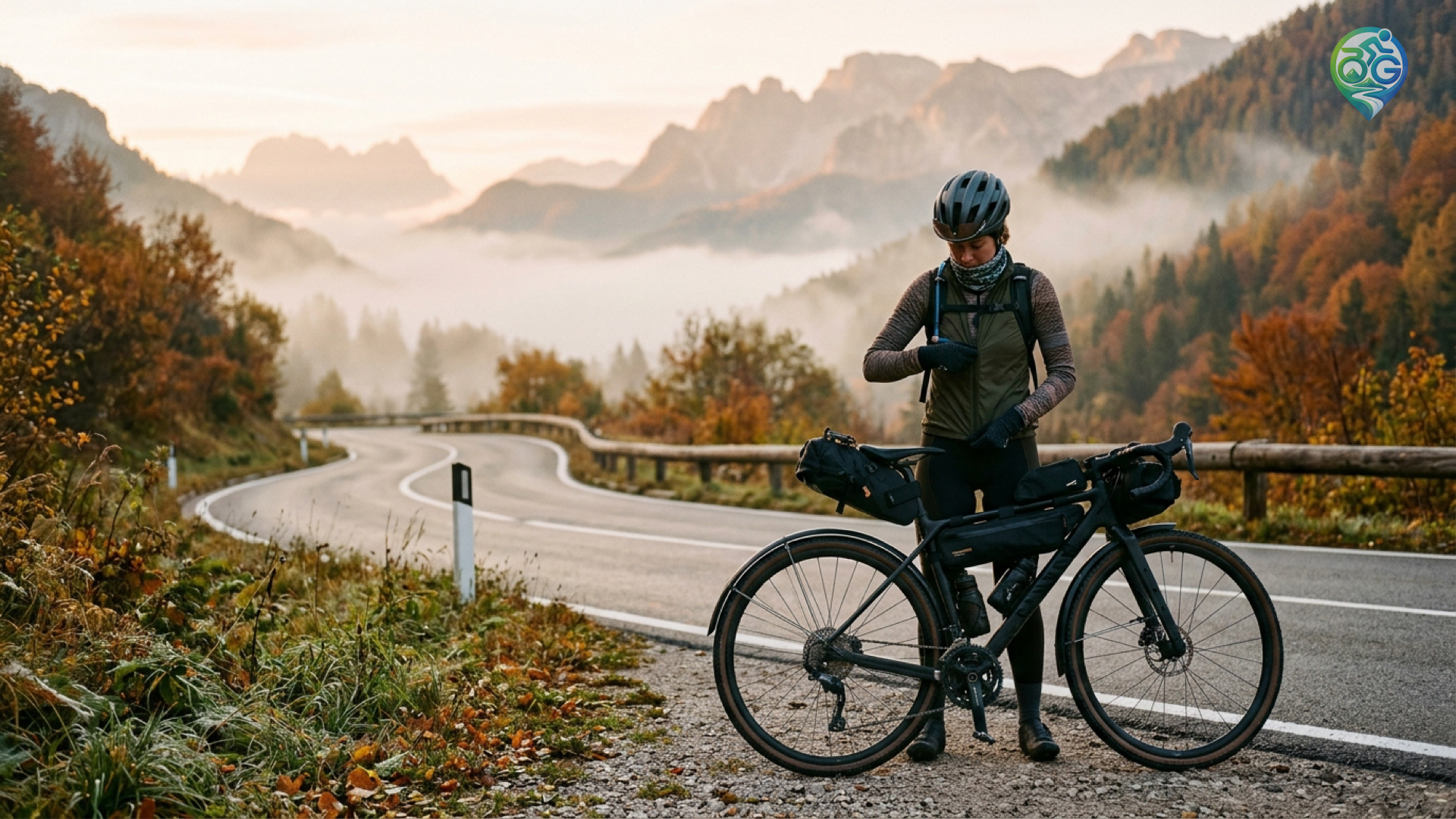Cyclist wearing layered cold-weather cycling kit adjusting a packable wind gilet on a crisp autumn morning road