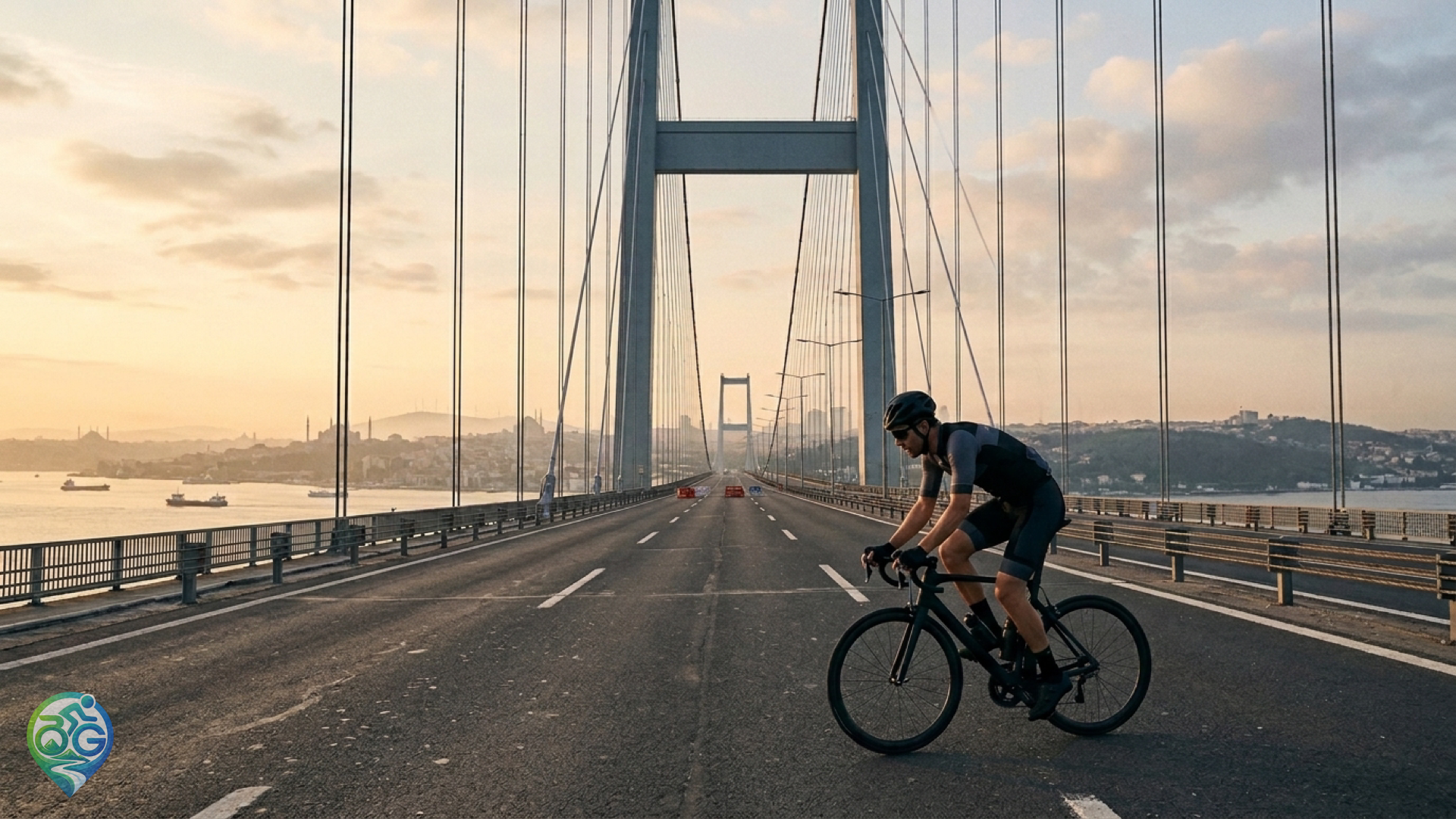 Endurance road cyclist crossing the Bosphorus suspension bridge in Istanbul during L'Étape Türkiye at sunrise