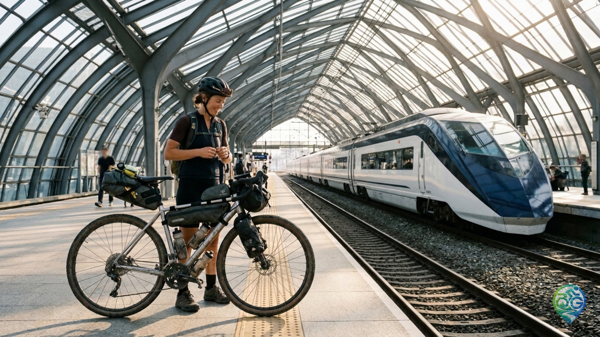 Cyclist with adventure touring bicycle waiting on a sunlit railway platform next to a modern high-speed passenger train